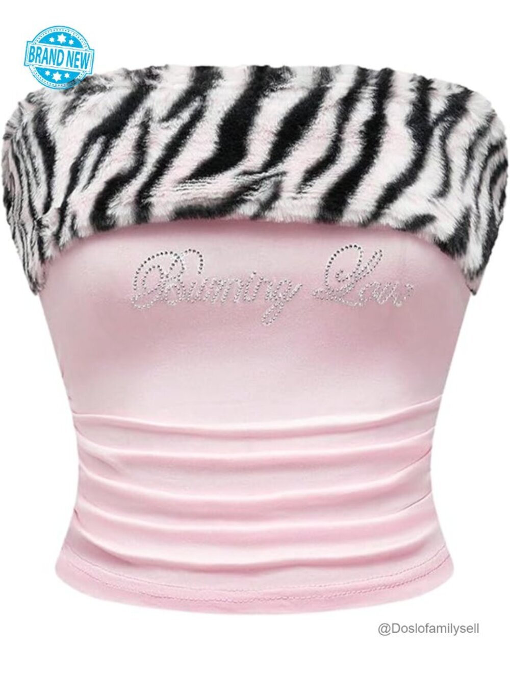 Faux Fur Zebra Pattern Ruched Tube Top Strapless Bandeau Crop Top